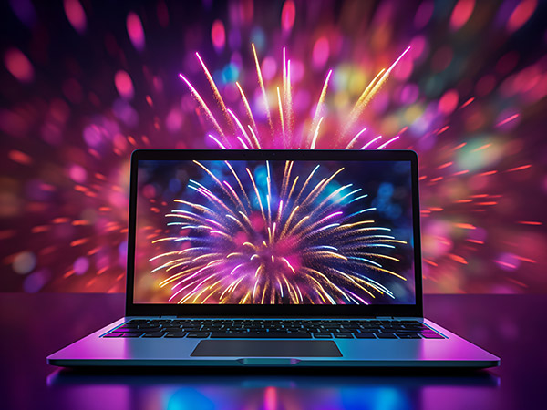 Laptop with fireworks on the screen